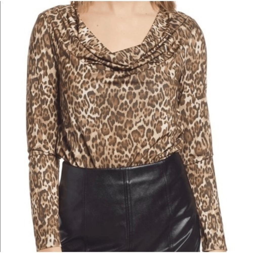 Leopard Bodysuit Brown Animal Print Cowl Neck Long Sleeve Top Bodysuit NWOT‎